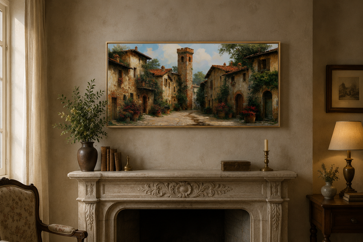 Medieval village wall art with stone cottages and cobblestone path above a carved stone fireplace.