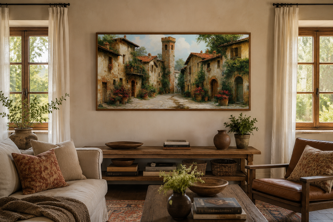 Framed wall art of a medieval village with stone cottages and a cobblestone path in a living room.