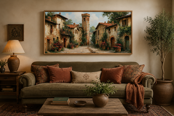 Framed wall art of a medieval village with stone cottages and cobblestone path above a green sofa.