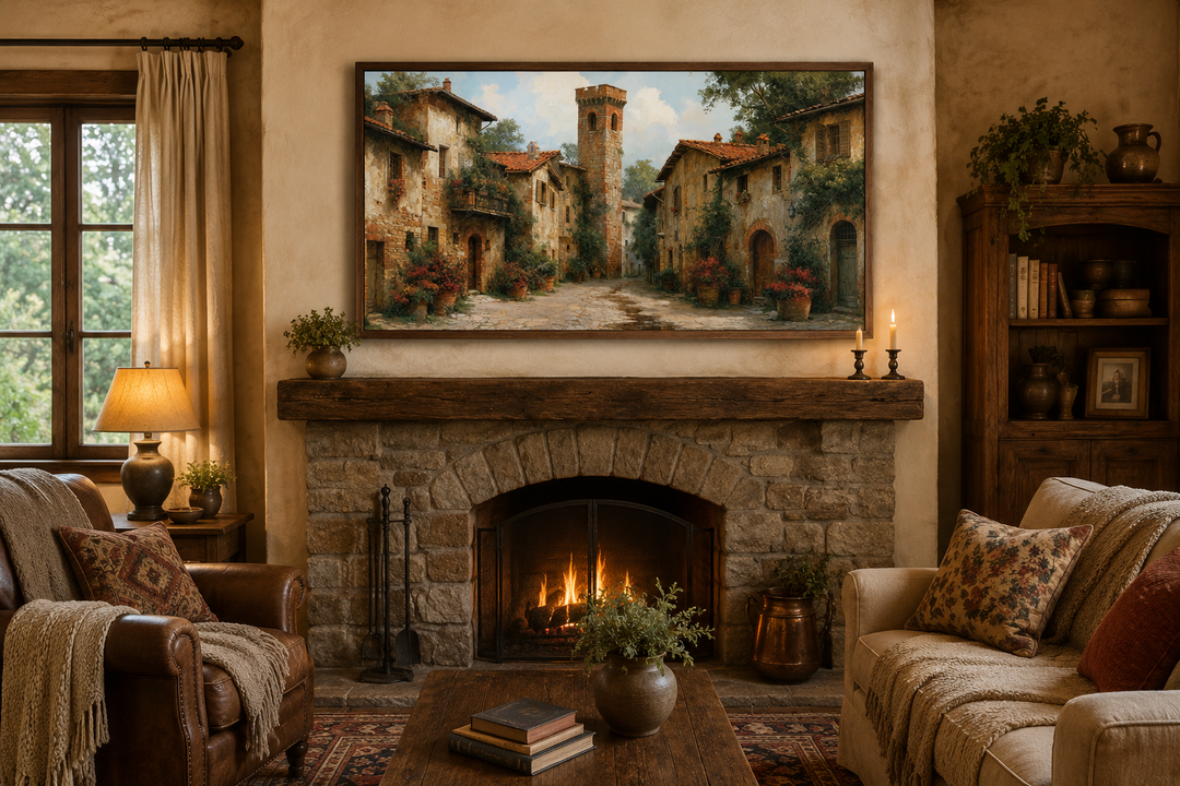 Framed wall art of a medieval village with stone cottages above a rustic stone fireplace.