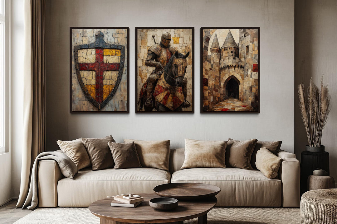 Medieval Wall Art For Men Set of 3 – Knight on Horse, Castle, and Shield