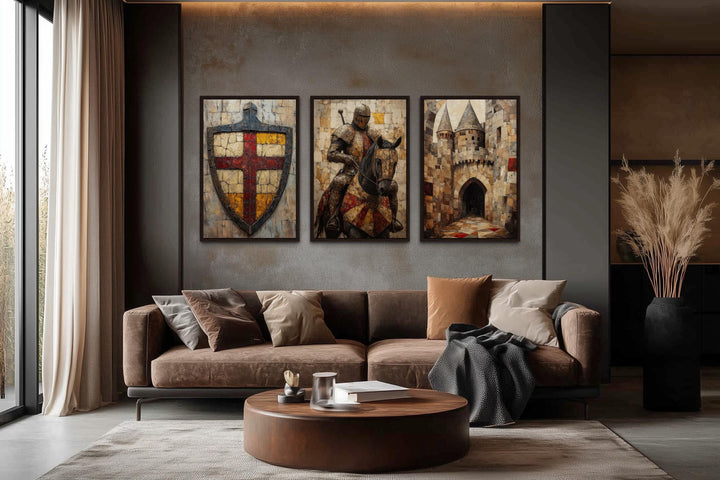 Medieval Wall Art For Men Set of 3 – Knight on Horse, Castle, and Shield
