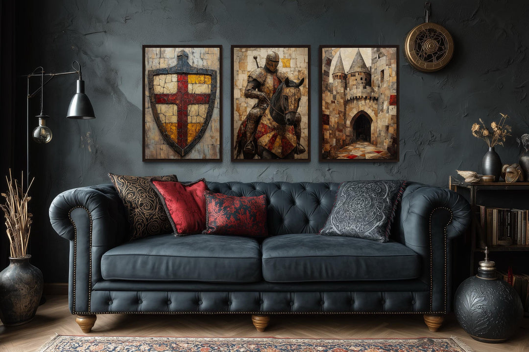 Medieval Wall Art For Men Set of 3 – Knight on Horse, Castle, and Shield