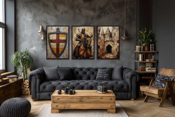 Medieval Wall Art For Men Set of 3 – Knight on Horse, Castle, and Shield