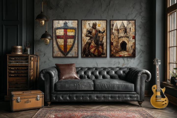 Medieval Wall Art For Men Set of 3 – Knight on Horse, Castle, and Shield