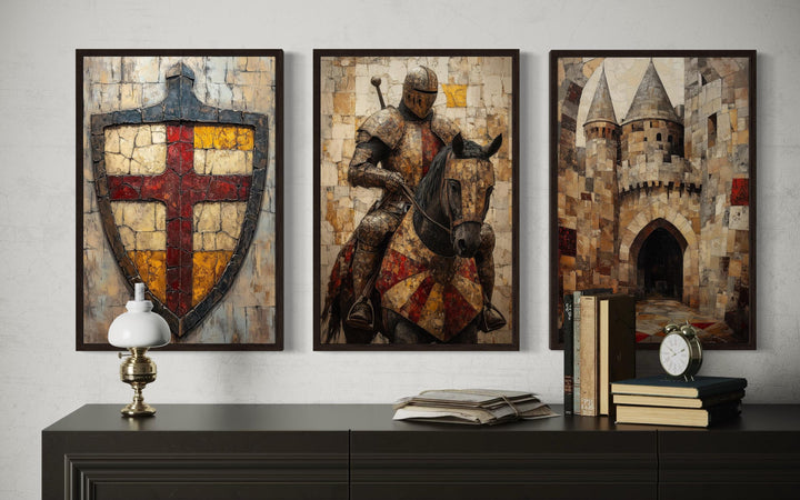 Medieval Wall Art For Men Set of 3 – Knight on Horse, Castle, and Shield