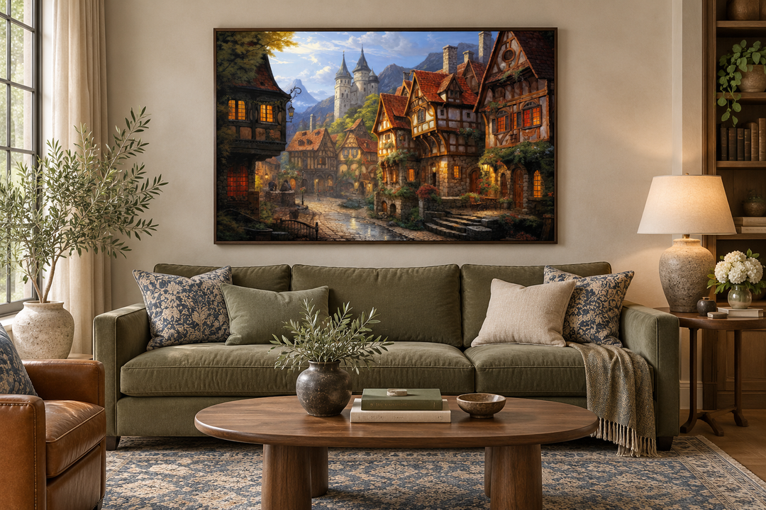 Medieval European whimsical village framed canvas wall art hanging above a green sofa.