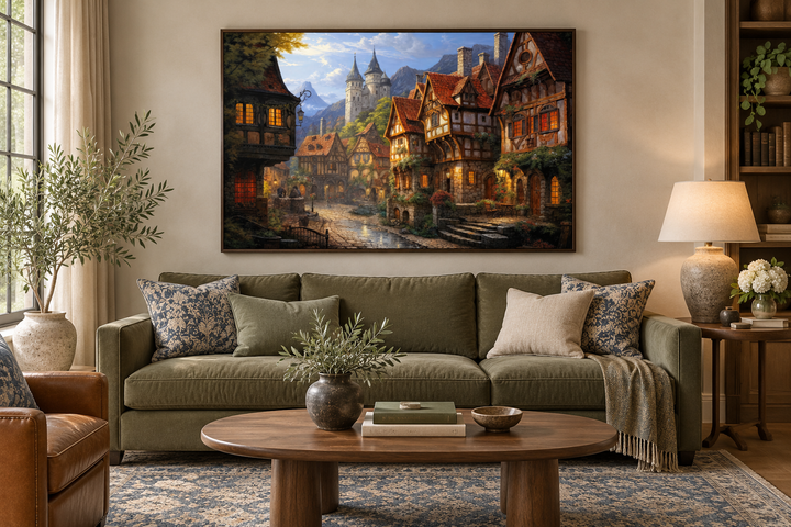 Medieval European whimsical village framed canvas wall art hanging above a green sofa.