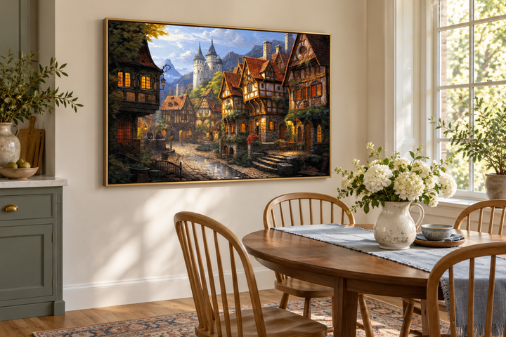 Medieval European village framed canvas wall art hanging in a bright, sunlit dining room.