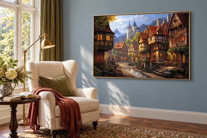 Medieval European whimsical village framed canvas wall art hanging in a cozy reading nook.