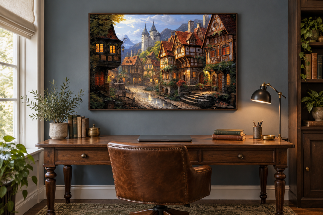 Medieval European whimsical village framed canvas wall art hanging above a wooden desk in a study.
