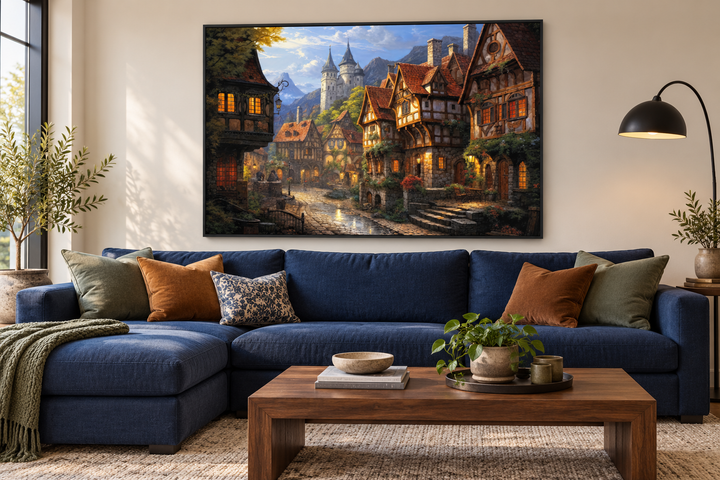 Medieval European village framed canvas wall art above a navy sofa in a cozy living room.