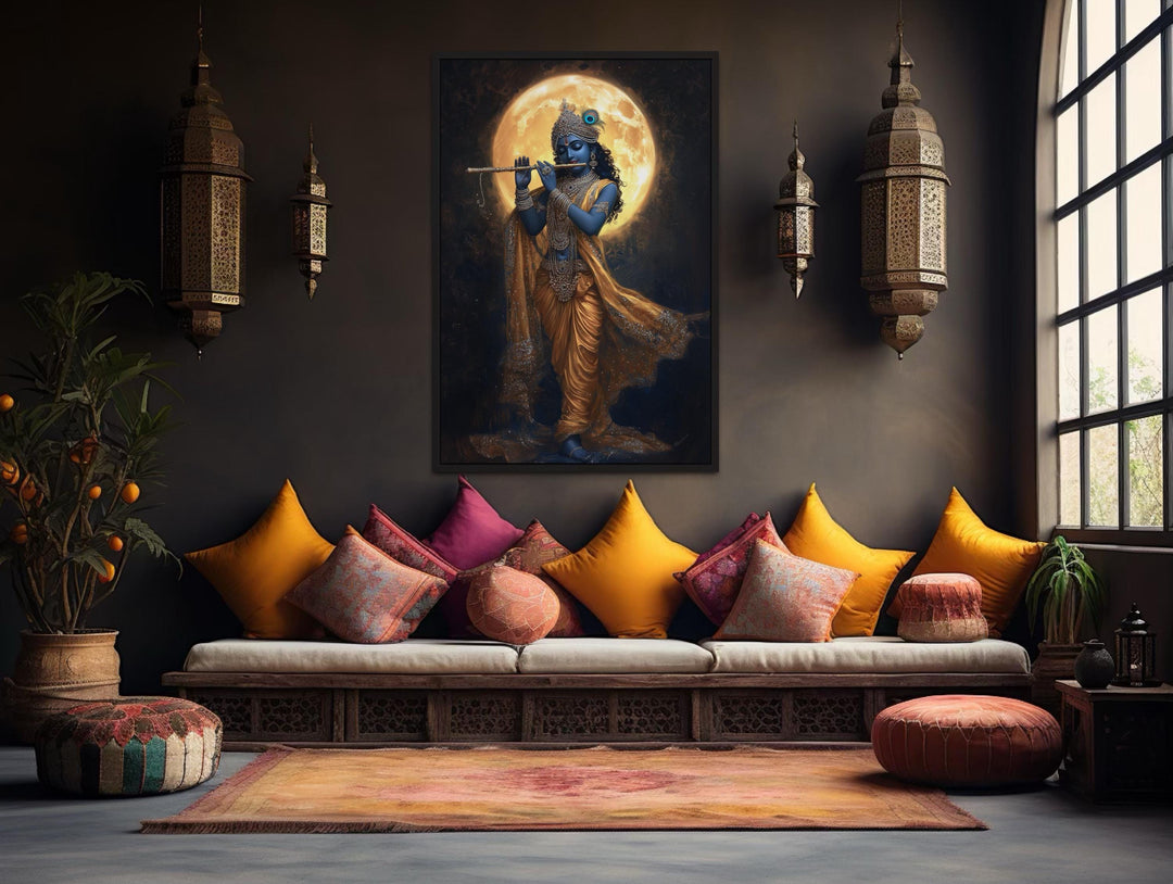 Meditative Krishna playing flute under a full moon canvas wall art in a serene living room setting.