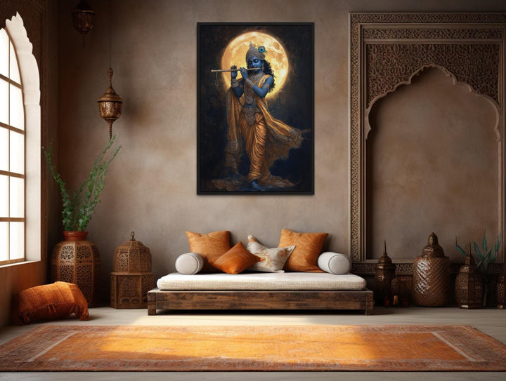 Meditative Krishna playing flute under a full moon canvas wall art in a serene Indian-style room.