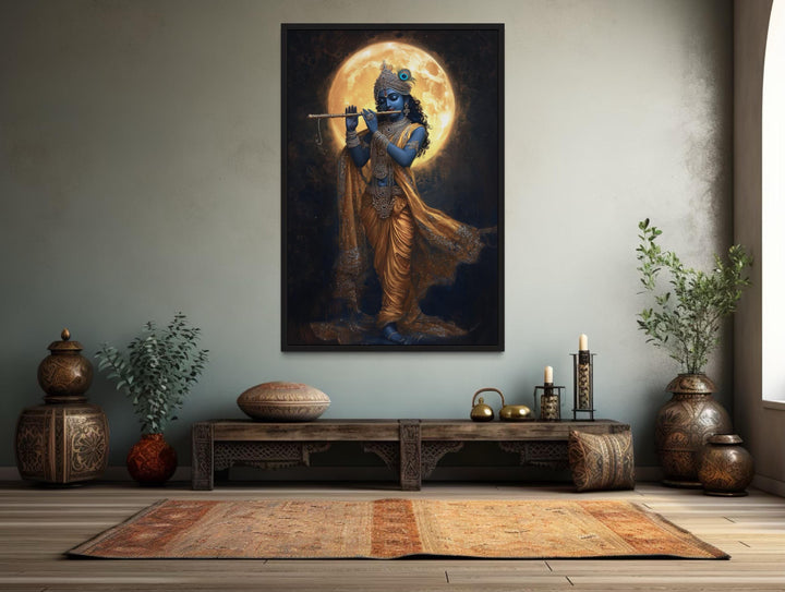 Meditative Krishna playing flute under a full moon canvas wall art in a serene room setting.
