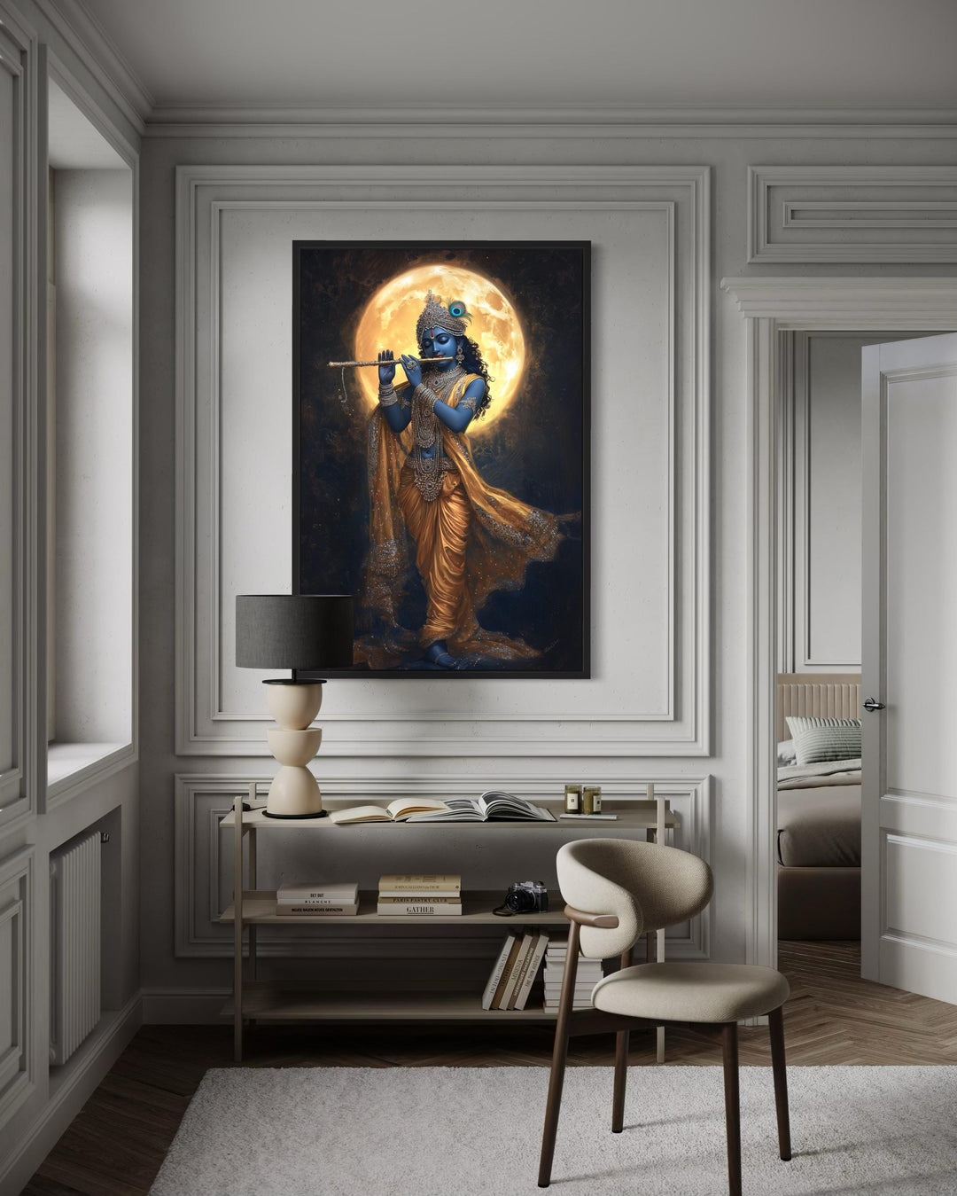 Meditative Krishna playing flute under a full moon canvas wall art in a modern living room.