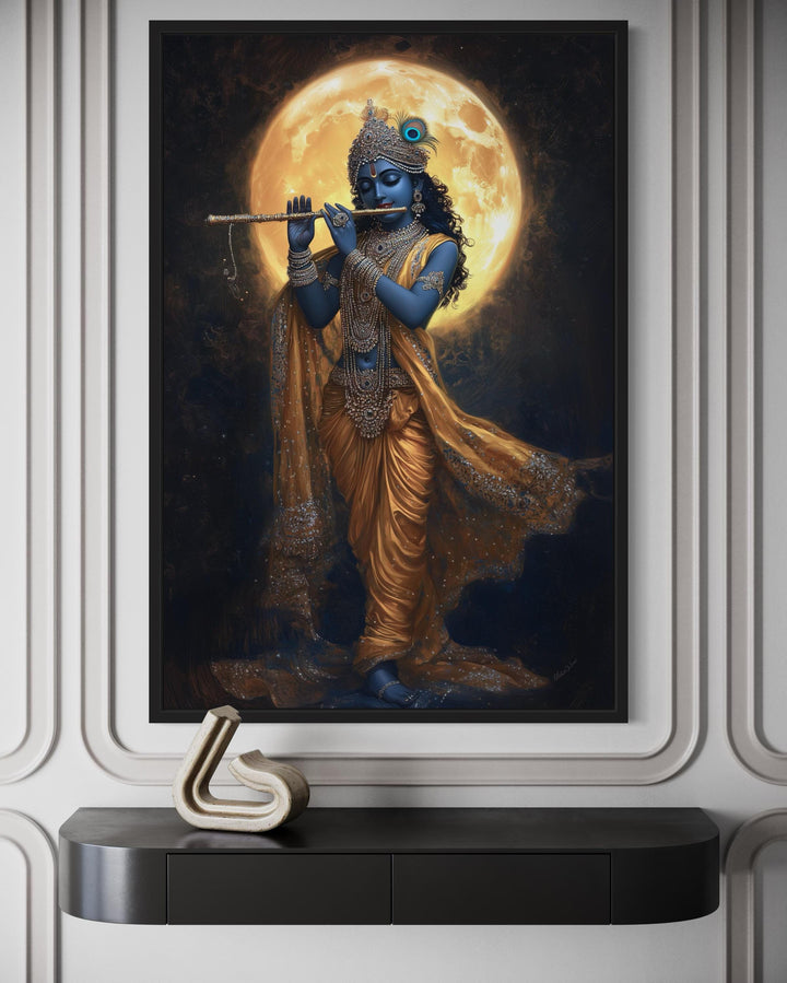 Meditative Krishna playing flute under a full moon canvas wall art displayed in a modern room.