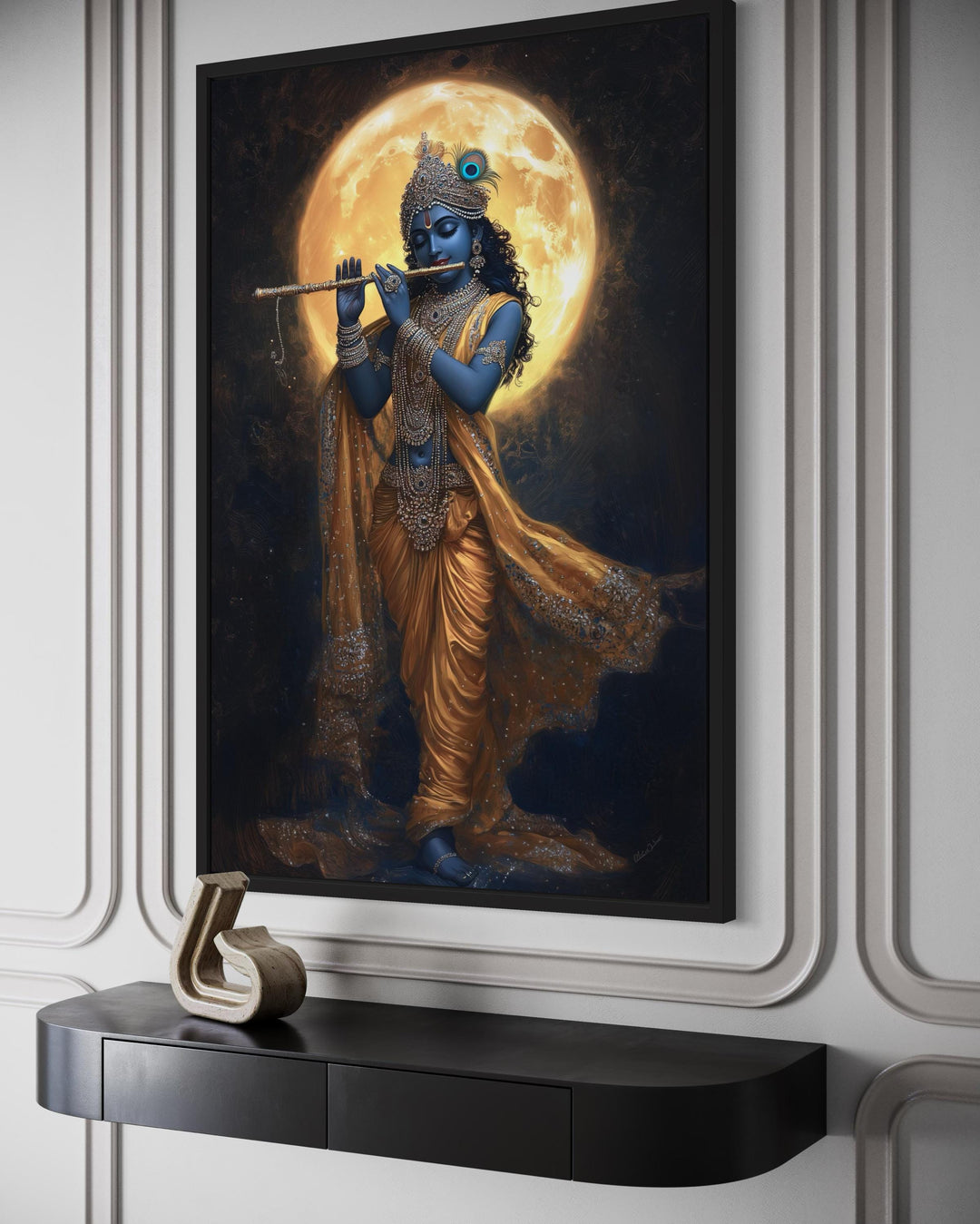 Meditative Krishna canvas wall art showing Krishna playing a flute under a large full moon.