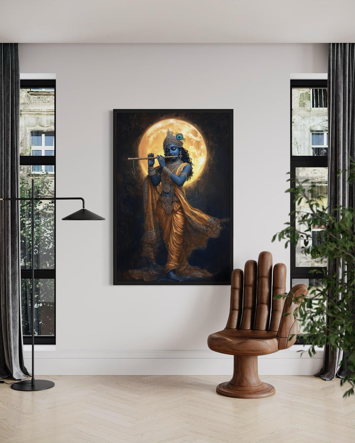 Meditative Krishna canvas wall art showing Krishna playing a flute under a large full moon.