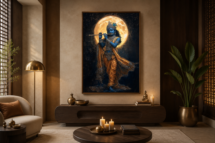 Meditative Krishna canvas wall art showing Krishna playing flute under a large, glowing full moon.