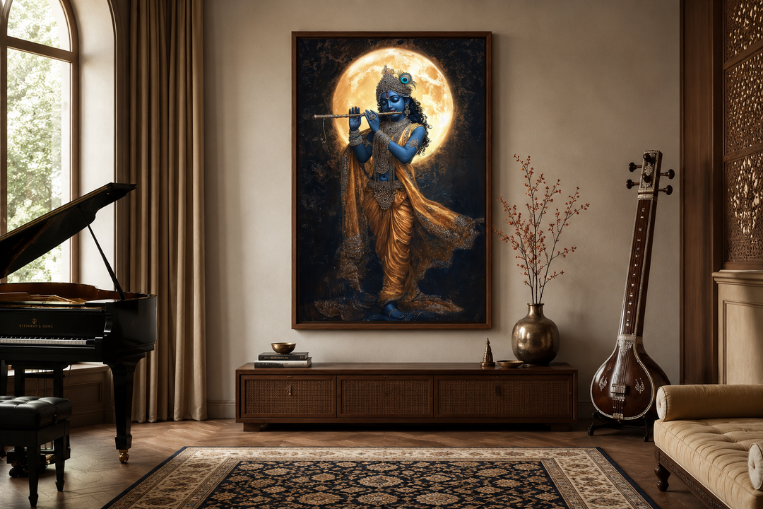 Meditative Krishna canvas wall art showing Krishna playing flute under a large, glowing full moon.