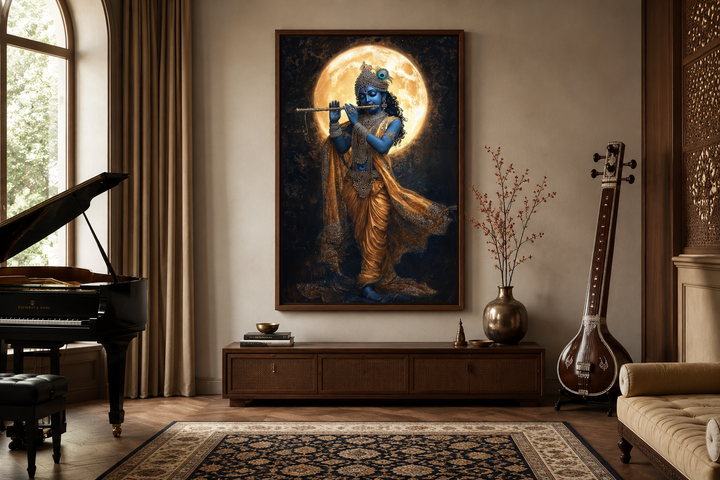 Meditative Krishna canvas wall art showing Krishna playing flute under a large, glowing full moon.