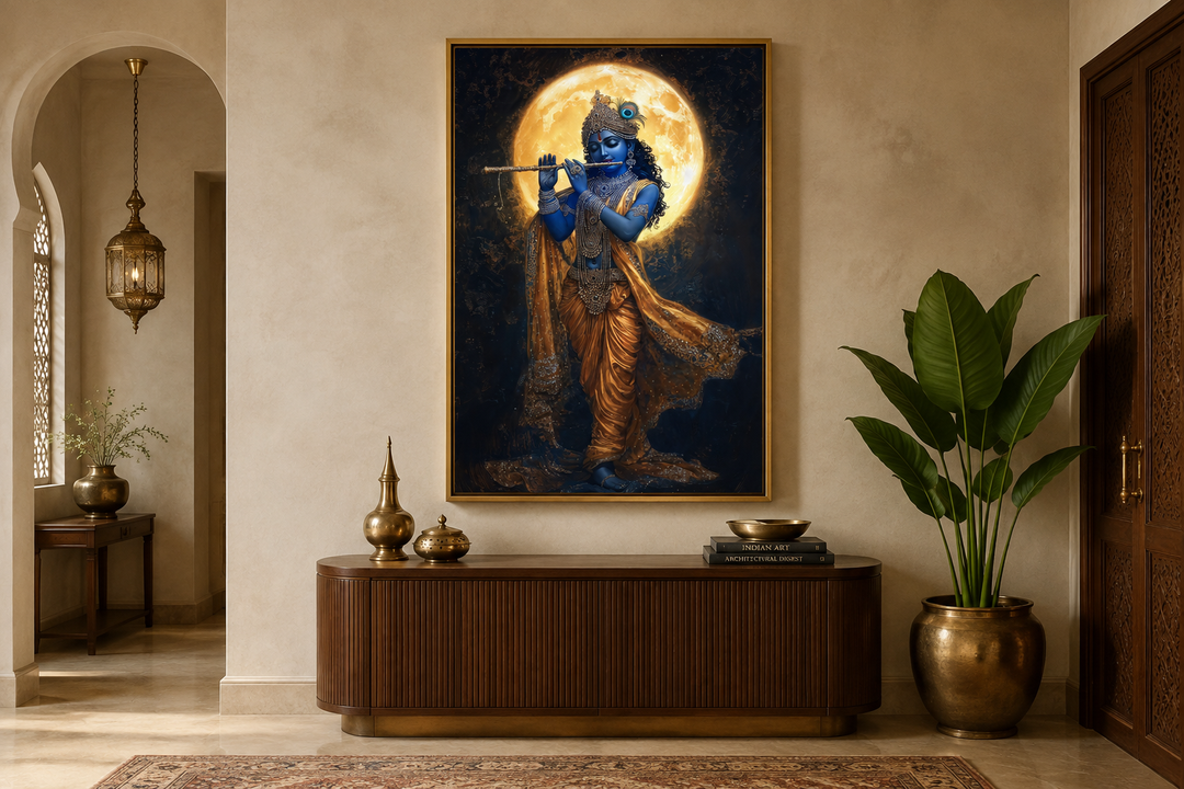 Meditative Krishna playing flute under a full moon canvas wall art in a gold frame.