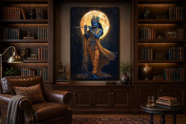 Meditative Krishna canvas wall art playing flute under a full moon in a dark wood library setting.