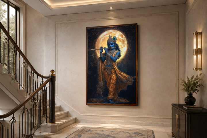 Meditative Krishna playing flute under a full moon canvas wall art in a modern home interior.