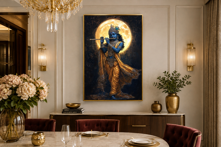 Meditative Krishna canvas wall art showing Krishna playing flute under a full moon in a dining room.