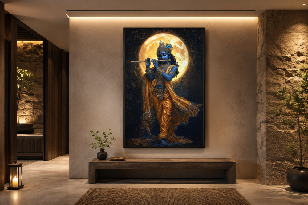 Meditative Krishna canvas wall art showing Krishna playing flute under a large full moon.