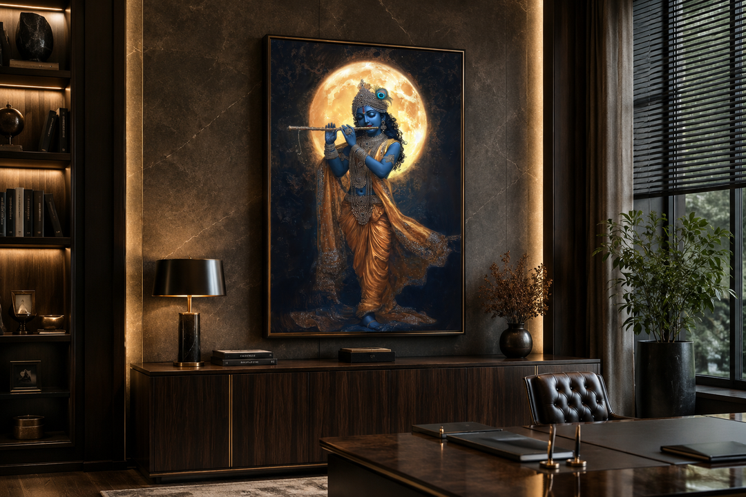 Meditative Krishna canvas wall art showing Krishna playing a flute under a glowing full moon.