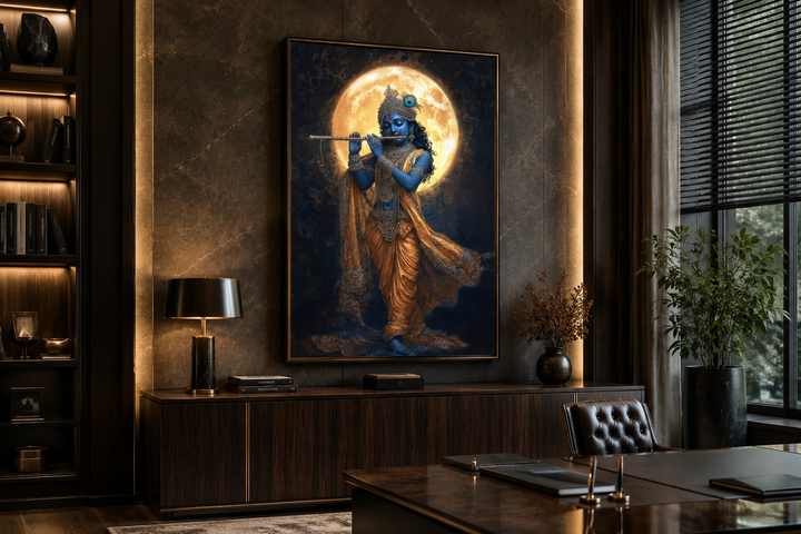 Meditative Krishna canvas wall art showing Krishna playing a flute under a glowing full moon.