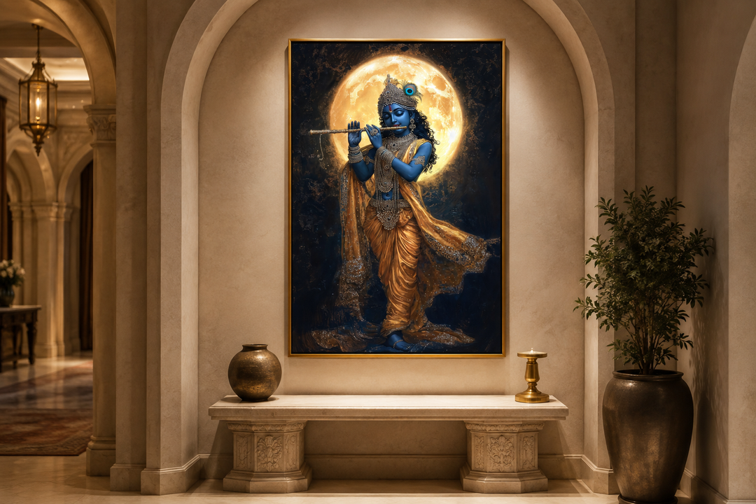 Krishna playing flute under a full moon canvas wall art in a gold frame above a stone bench.