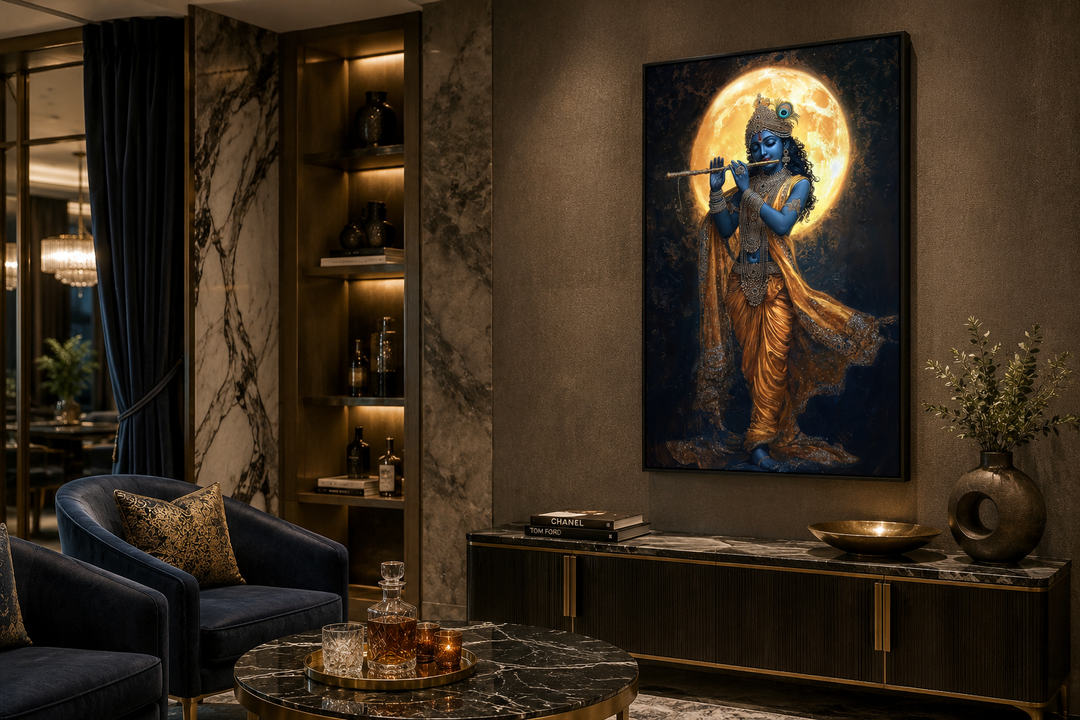 Meditative Krishna canvas wall art showing Krishna playing a flute under a large full moon.