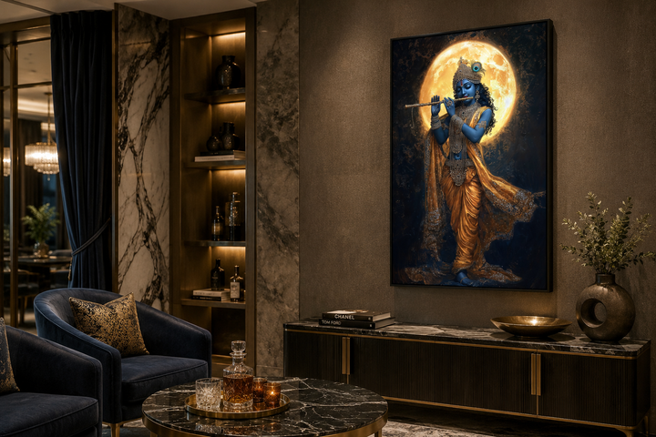 Meditative Krishna canvas wall art showing Krishna playing a flute under a large full moon.