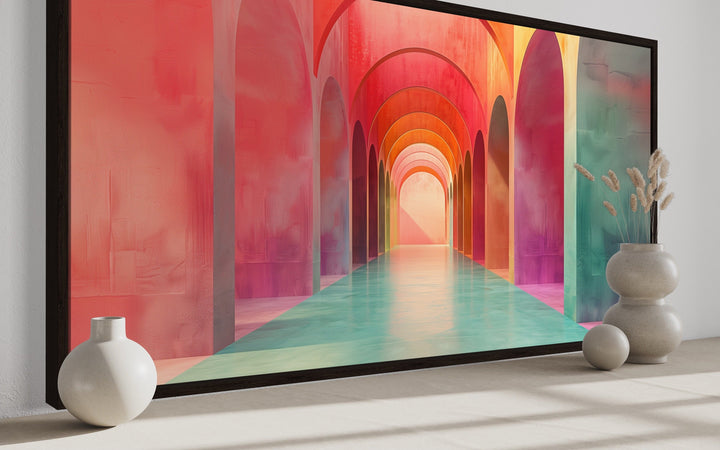 Mediterranean Archways Wall Art - Elegant Green Pink Canvas Bohemian Style Decor