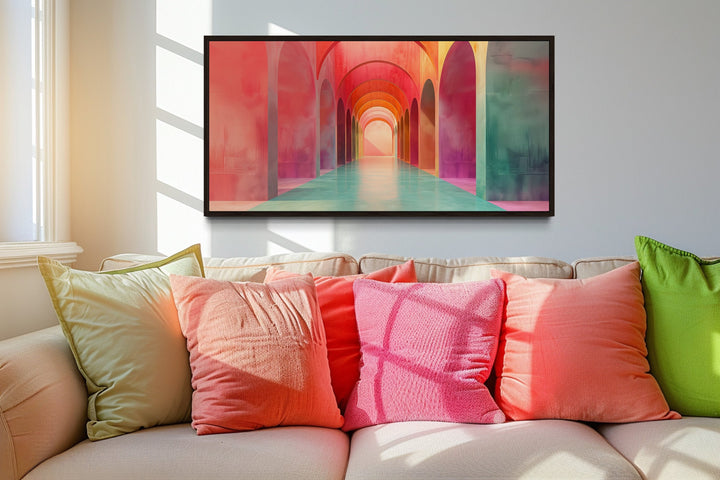 Mediterranean Archways Wall Art - Elegant Green Pink Canvas Bohemian Style Decor