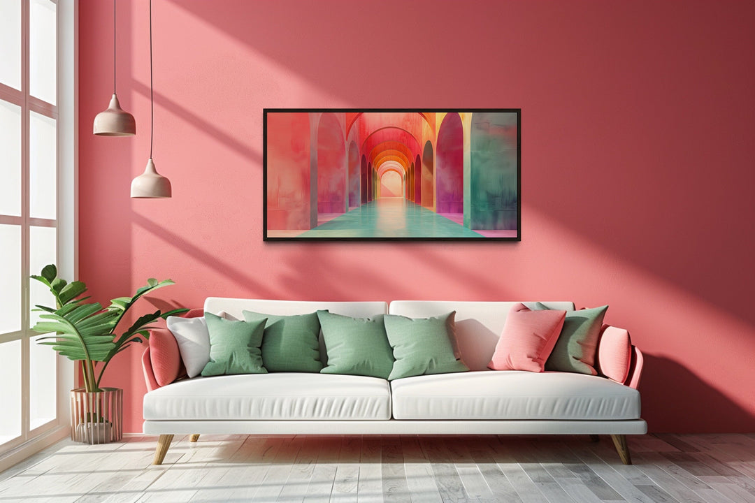 Mediterranean Archways Wall Art - Elegant Green Pink Canvas Bohemian Style Decor