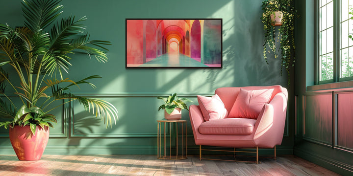Mediterranean Archways Wall Art - Elegant Green Pink Canvas Bohemian Style Decor