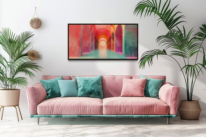 Mediterranean Archways Wall Art - Elegant Green Pink Canvas Bohemian Style Decor