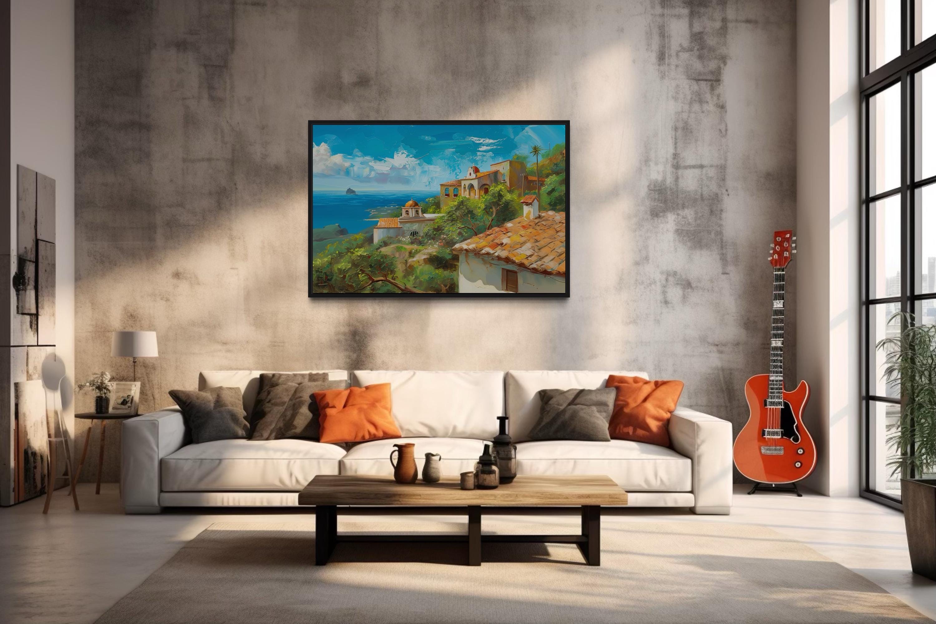 【2024／美品✨】SZ ×RonHerman seaside CANVAS Mediterranean Coastal Village Canvas Art | Spanish Riviera Wall