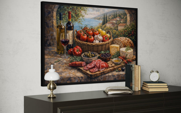 Mediterranean food wall art canvas print featuring a rustic still life scene in a black frame.