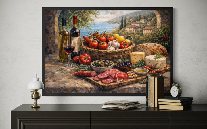 Mediterranean food wall art featuring a rustic still life of Italian delicacies in a black frame.