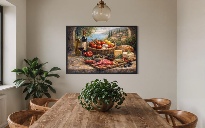 Mediterranean food wall art canvas print displayed in a rustic dining room above a wooden table.