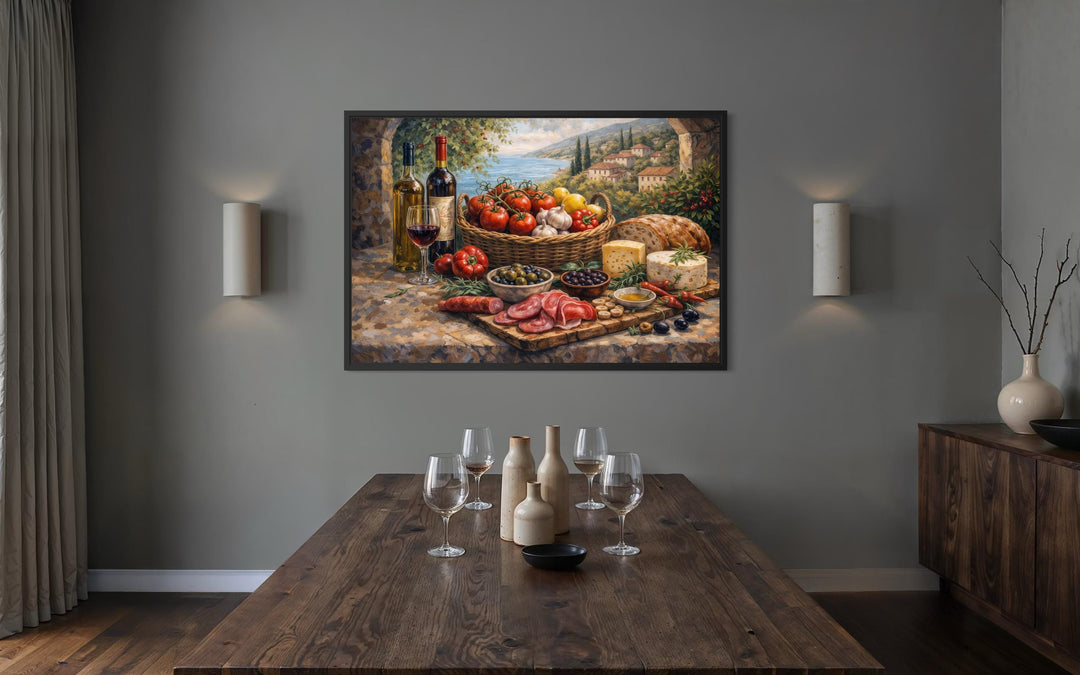 A framed Mediterranean still life canvas print hangs in a rustic dining room above a wooden table.