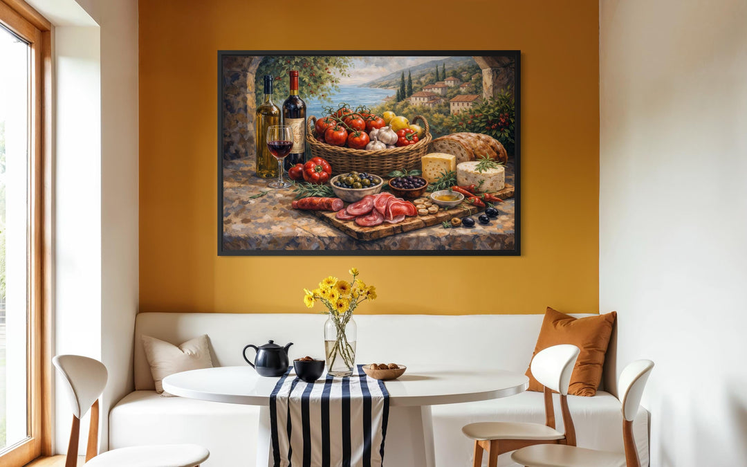 A framed Mediterranean still life canvas print hangs on a yellow wall above a white dining nook.