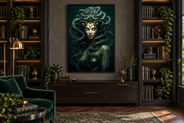 Framed canvas wall art of a green Medusa Gorgon with glowing eyes in a dark, elegant library.