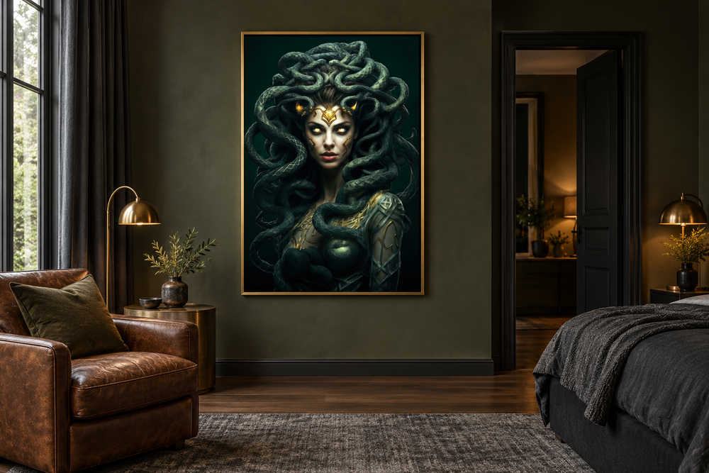 Framed canvas wall art of Medusa with green snakes and glowing eyes in a dark, elegant bedroom.