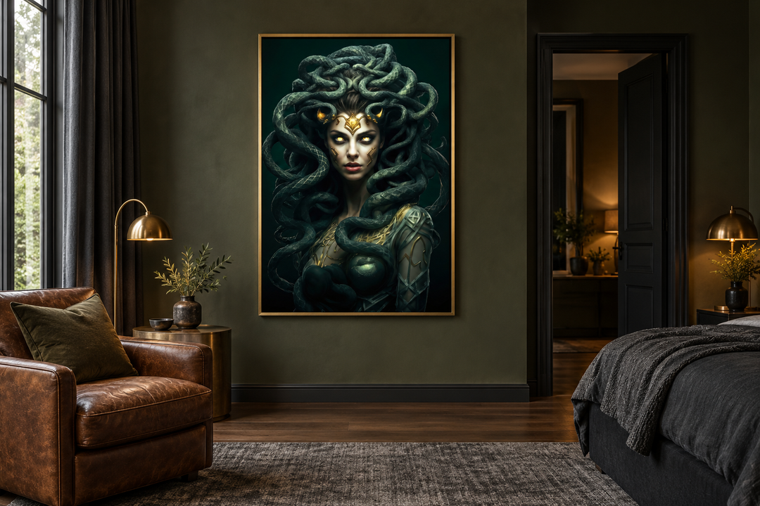 Framed canvas wall art of Medusa with green snakes and glowing eyes in a dark, elegant bedroom.